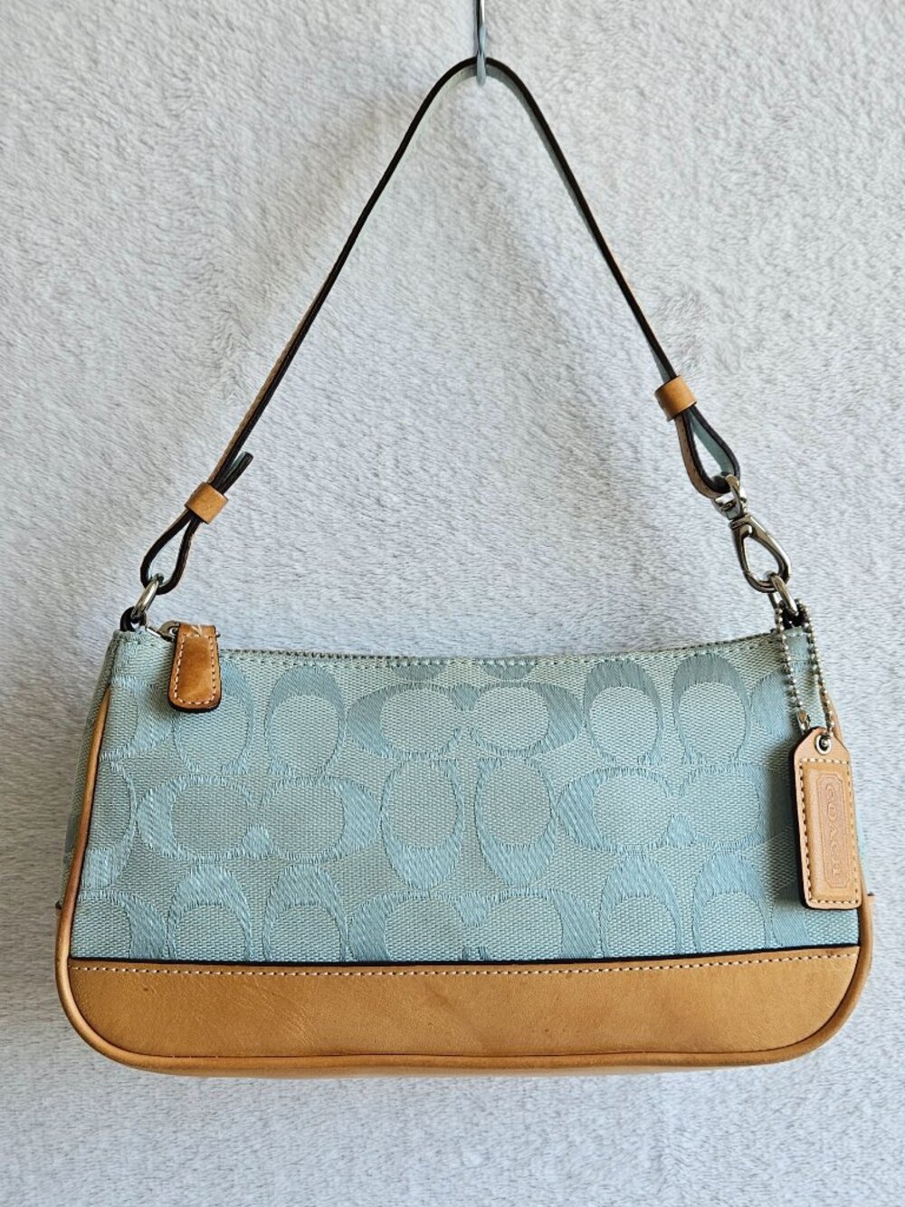 Coach Signature Demi Mini Pouch Hand Bag 6094 Light Blue Canvas Tan Leather  Y2K